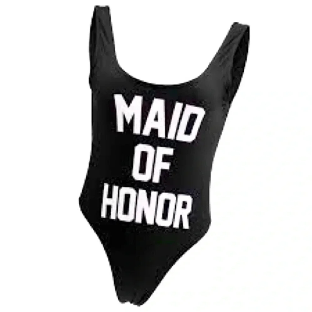 Onepice Swimsuit Maid of Honor Letter Print High Cut Monokini Bodysuit Beachwear